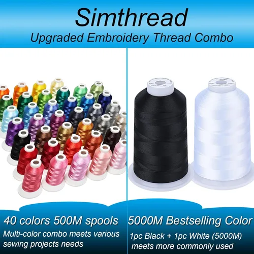 Miniatura 2 de Simthread Kit de hilo de poliéster de 42 piezas, 40 colores (1,640.4 ft) + blanco y negro (16,404.2 ft) para máquinas de coser y bordar