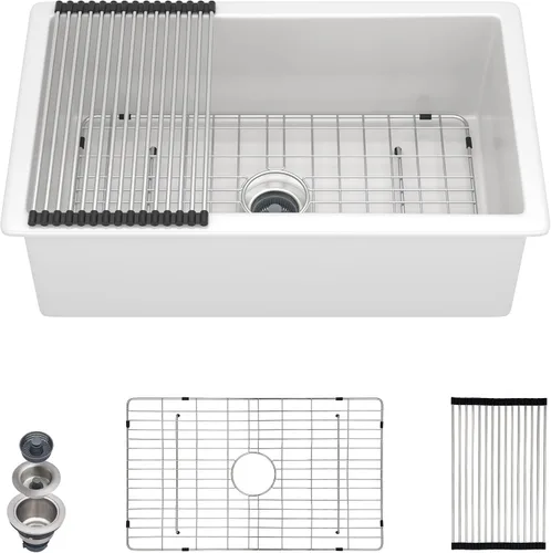 Miniatura 17 de Fregadero de barra blanco de 24"x18" para montaje bajo encimera - Arcilla refractaria de porcelana cerámica de alto brillo, montaje dual, un seno