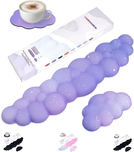 Set de reposamuñecas Cloud para teclado y mouse, incluye bonito portavasos, para computadoras y laptops (Set Estrella Púrpura)