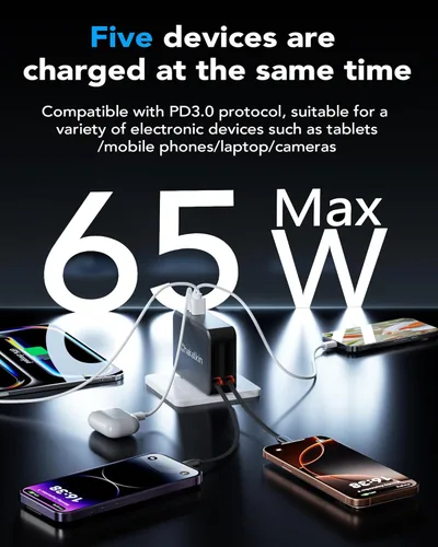 Miniatura 4 de Cargador de 65 W para MacBook Pro, enchufe de cargador de pared retráctil 5 en 1 para iPhone 17, cable USB C PD dual de 3.94 pies y 3 puertos