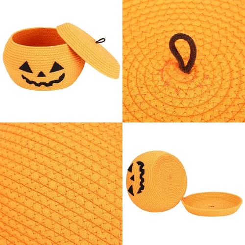 Miniatura 4 de Sea Team Cesta redonda de almacenamiento de cuerda de algodón con tapa, cesta de almacenamiento tejida de calabaza de Halloween, maceta, caddy