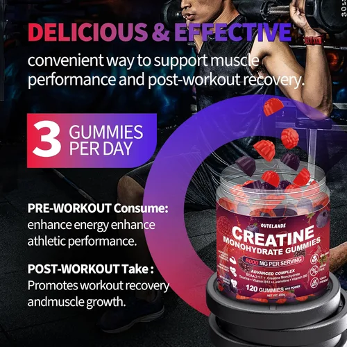 Miniatura 6 de Gomitas de monohidrato de creatina de 8000 mg para hombres y mujeres, suplemento de creatina para mejorar el crecimiento muscular, impulso