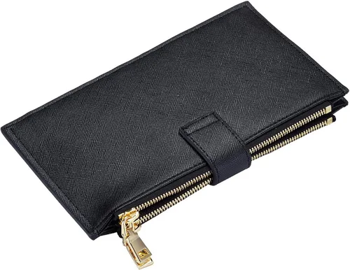 Miniatura 9 de Travelambo Billetera para mujer con bloqueo RFID plegable para múltiples tarjetas con bolsillo con cremallera, Negro -, Minimalista