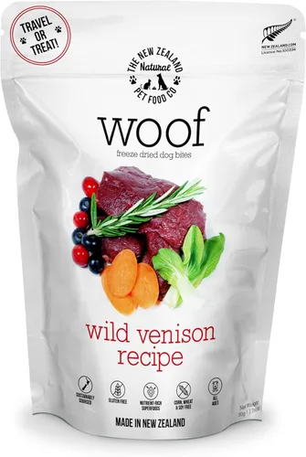 The New Zealand Natural Pet Food Co Woof Alimento Liofilizado para Perros - Venado Salvaje, Alto en Proteínas, Complemento Alimenticio y Golosinas