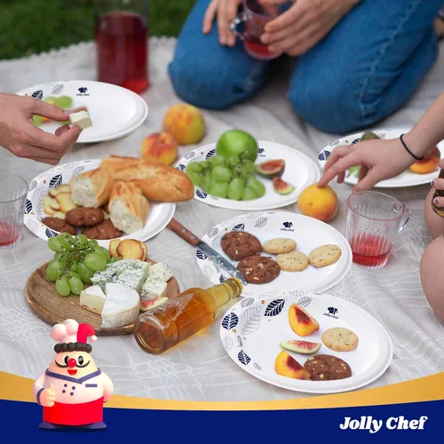 Miniatura 7 de JOLLY CHEF 140 platos de papel de 10 pulgadas, a prueba de remojo, a prueba de cortes, platos de papel desechables impresos de hojas resistentes