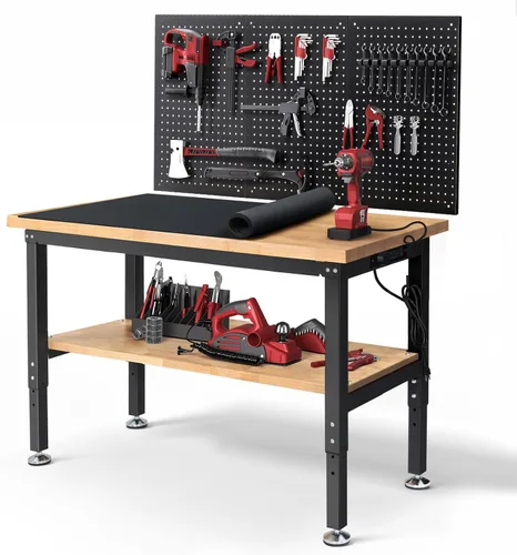 Miniatura 10 de ENJOYWOOD Mesa de trabajo para garaje de 60 pulgadas Banco de trabajo con almacenamiento Altura ajustable Tablero de madera de goma Banco de trabajo