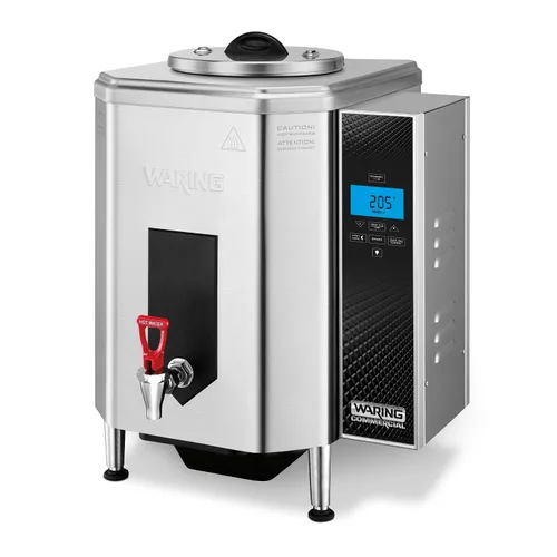 Waring Dispensador de agua caliente comercial, capacidad de 10 galones, controles LCD digitales, rango de temperatura de 150-205°F, modo nocturno,