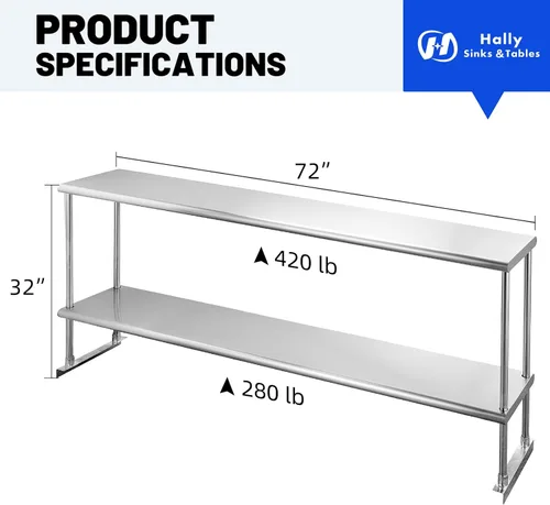 Miniatura 3 de Hally - Estante doble de acero inoxidable de 12 x 72 pulgadas, capacidad de peso de 420 libras, estante comercial de 2 niveles para preparación