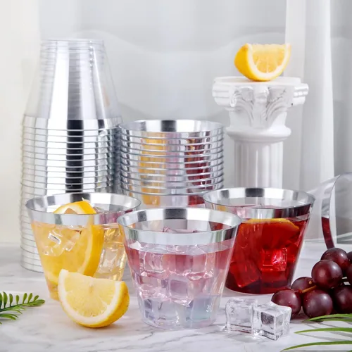 Miniatura 4 de Nervure 240 PCS Vasos de Plástico Plateados - Vasos de Plástico con Borde Plateado de 9 Oz - Vaso de Plástico Resistente con Borde Plateado Perfecto