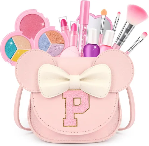 Miniatura 28 de Kit de maquillaje para niñas – Juego de maquillaje lavable real de 15 piezas – Cosmético no tóxico para niños pequeños con bolso de letras – Regalos