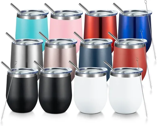 Miniatura 29 de COMOOO Vaso de vino aislado de 12 onzas con tapa, vaso de vino de acero inoxidable sin tallo, vaso de vino de doble pared al vacío con pajita, café