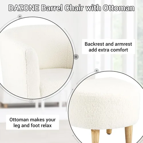 Miniatura 9 de DAZONE Silla decorativa Sherpa con otomana, sillón blanco esponjoso de barril de peluche para sala de estar acogedora, sillas pequeñas y cómodas