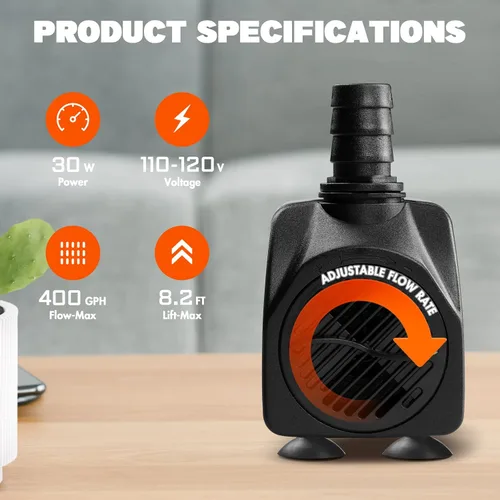 Miniatura 3 de Simple Deluxe Bomba de agua sumergible de 400 GPH con entrada ajustable, bomba de agua de fuente duradera de 30 W para pecera, hidroponía, fuentes