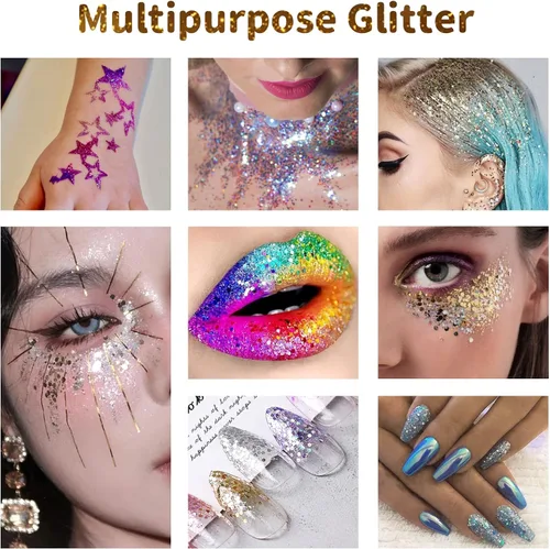 Miniatura 5 de Brillantina holográfica para manualidades, mezcla gruesa y fina, juego de 40 colores, cosmética para rostro, ojos, cabello, cuerpo, arte de uñas