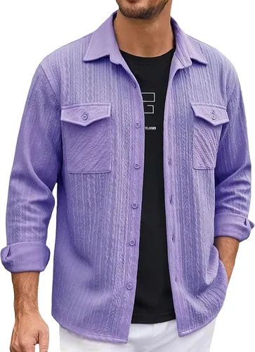 Miniatura 32 de Camisas con botones para hombre, casual, de manga larga, con cuello jacquard, texturizada, ligera, sobrecamisa, sobrecamisa