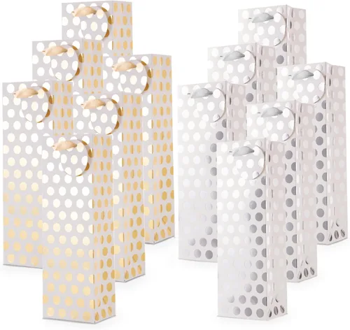 Miniatura 5 de UNIQOOO 12 bolsas de regalo de vino con lunares metálicos dorados y plateados de alta calidad, con etiqueta de masaje de regalo, papel 100%