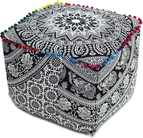 Miniatura 21 de CRAFT KALA Funda de puf tradicional de retazos cuadrados indios, funda para puf de sala de estar india, diseño otomano, decoración otomana, Elefante