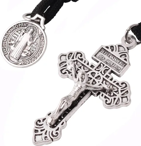 Miniatura 29 de Rosario de bolsillo estilo abierto una década de acero inoxidable rosario católico con crucifijo medalla de San Benito con bolsa de regalo