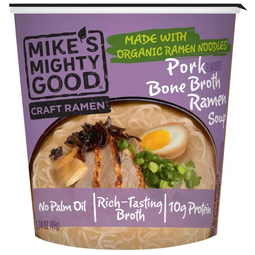 Taza de ramen de caldo de hueso de cerdo Mike’s Mighty Good (Paquete de 6) – 8g de proteína Fideos ramen instantáneos – Orgánicos al vapor, sin OGM