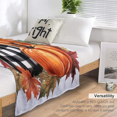 Miniatura 5 de Manta de lana cuadriculada con diseño de calabaza, hojas de arce, Acción de Gracias, manta de cama para otoño, Acción de Gracias, ligera, súper