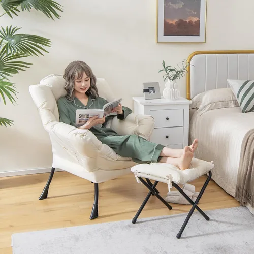 Miniatura 9 de Giantex Silla perezosa con otomana, sofá decorativo con reposapiés plegable, bolsillo de almacenamiento lateral, sillón tapizado de ocio con Beige