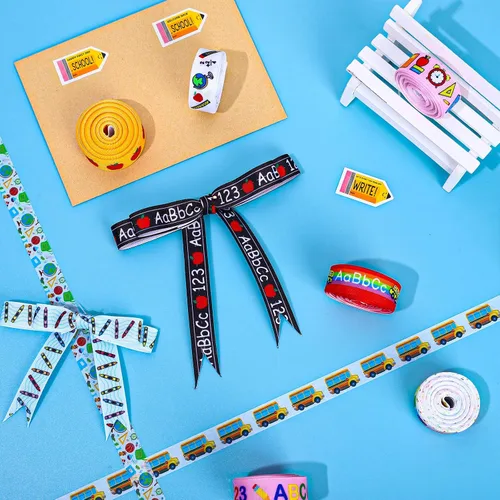 Miniatura 5 de Whaline 12 rollos de cintas de grogrén para el regreso a clases, 60 yardas, cinta de tela con temática de profesores escolares, autobús escolar