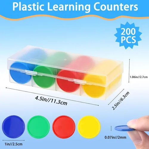 Miniatura 3 de 200 contadores matemáticos, fichas de bingo de 1 pulgada, 4 colores con caja de almacenamiento, fichas de póquer de plástico, para educación