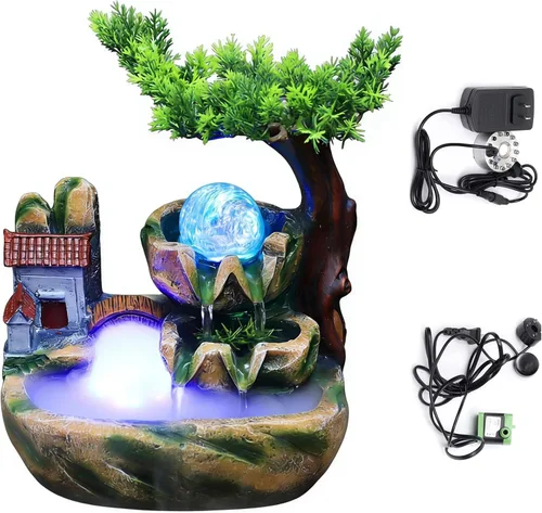 Miniatura 11 de 11.81 pulgadas Fuente de rocalla de mesa para interiores, cascada de bonsái, mini fuente de agua de rocalla con bomba automática y luz LED