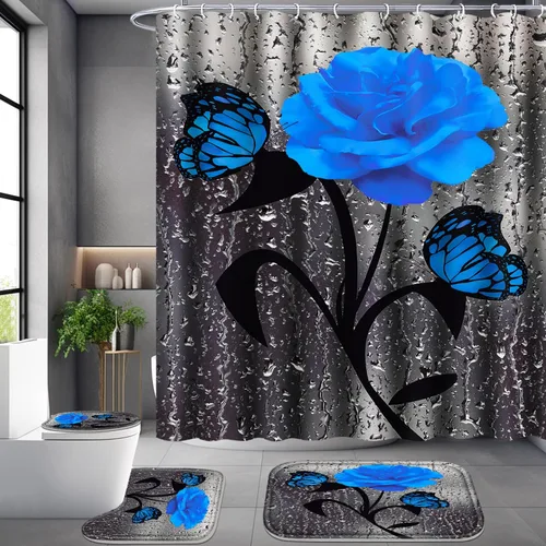 Miniatura 13 de Poedist Juego de 4 cortinas de ducha de baño, juego de cortina de baño con rosas azules, juegos de cortinas de ducha con alfombras