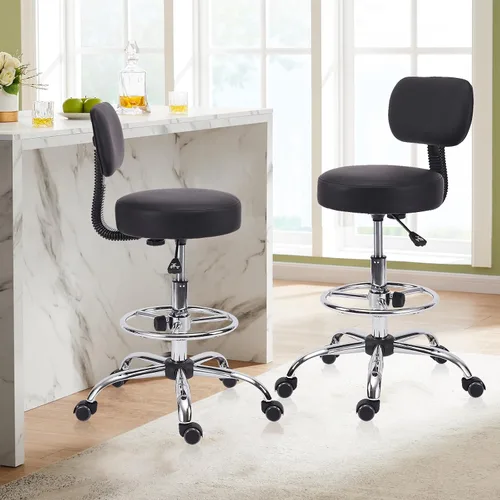 Miniatura 6 de KLASIKA Silla de dibujo con respaldo, reposapiés ajustable altura con ruedas, taburete giratorio de cuero para taller, sillas de oficina, cojín