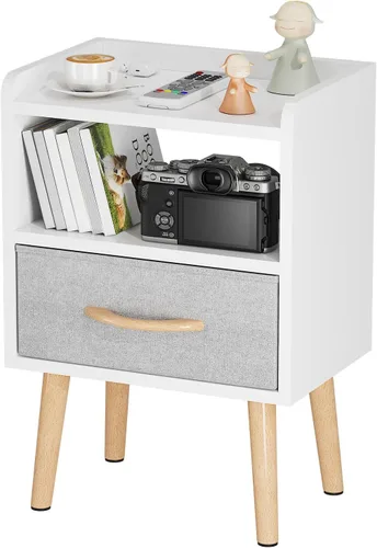 Miniatura 9 de LUCKNOCK Mesita de noche blanca con cajón, mesita de noche moderna de mediados de siglo, mesita de noche de madera resistente con estante