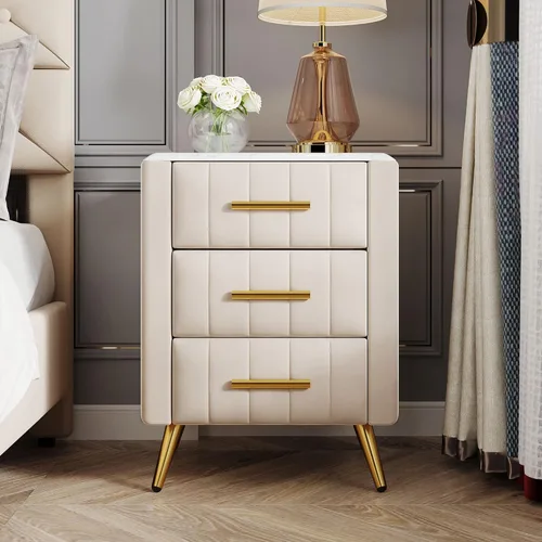Miniatura 3 de Mesita de noche de terciopelo SOFTSEA con 3 cajones, mesita de noche tapizada con tapa de mármol sintético, mueble de mesa auxiliar, mesita de noche