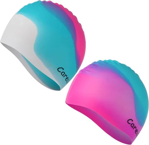 Miniatura 12 de Gorro de natación, paquete de 2 gorras de natación de silicona duraderas para niños, niñas, niños y jóvenes (edad 2-12), suaves 3D ergonómicos