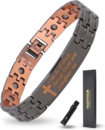 Miniatura 12 de Juego de pulsera magnética y anillo para hombre, 99.99% de cobre puro, diseño de cruz ajustable y nudo celta, regalo para papá