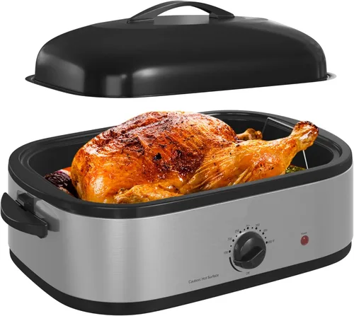 Miniatura 10 de Horno asador eléctrico de 22 cuartos de galón, asador de pavo con diseño de tapa que se baña automáticamente, horno asador eléctrico grande de acero