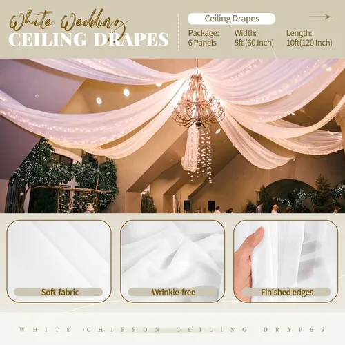 Miniatura 4 de 6 paneles de cortinas blancas para techo de boda, cortinas de techo de 5 x 10 pies, cortinas de tela transparente para arco de boda, cortinas