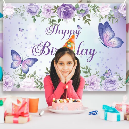 Miniatura 4 de Pancarta de cumpleaños de mariposa morada para mujeres y niñas (59 x 36 pulgadas), pancarta morada para decoración de feliz cumpleaños para mujeres
