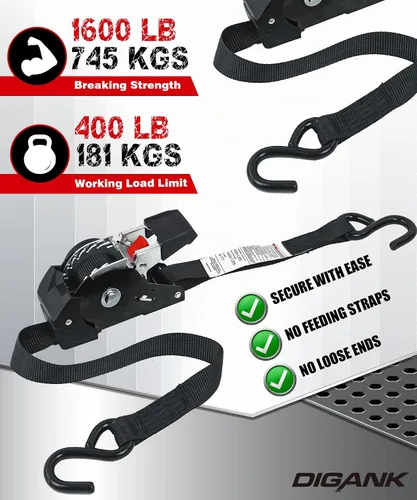 Miniatura 3 de Correas de trinquete retráctiles de 1 pulgada x 6 pies, resistencia a la rotura de 1600 libras, paquete de 4 amarres autoretráctiles con ganchos