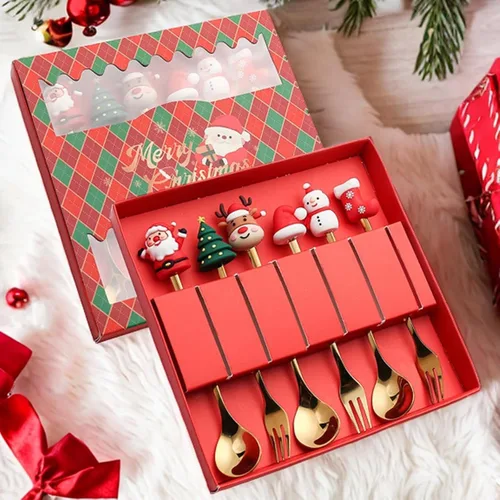 Miniatura 6 de MagiDeal Juego de 6 cucharas de Navidad, tenedores de acero inoxidable, cucharas de postre de acero inoxidable, cucharas de postre de sopa, cucharas