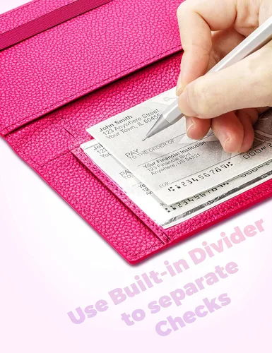 Miniatura 19 de Yarnic Funda para chequera personal, soporte para chequera con soporte para bolígrafo y divisor de plástico transparente integrado para cheques Rosa