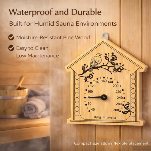 Miniatura 5 de Bjerg Instruments Termómetro de sauna, medidor de temperatura analógico de madera de pino, esfera de 3 pulgadas resistente a la humedad, lee hasta