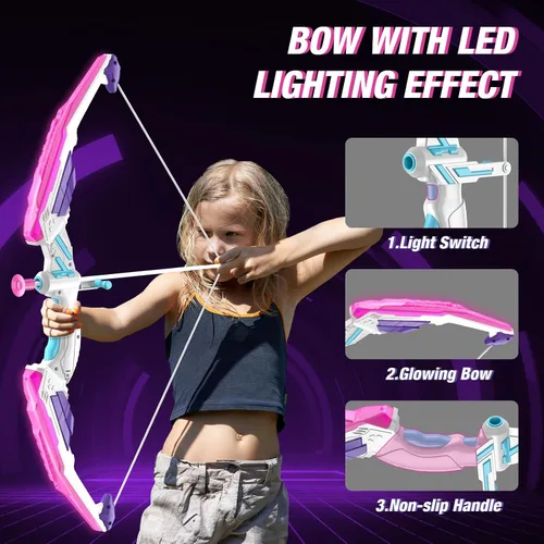 Miniatura 3 de HYES Arco y flecha para niños, juego de tiro con arco con luz LED con 12 flechas de ventosa, 1 objetivo para colgar, 3 objetivos de puntuación y 1
