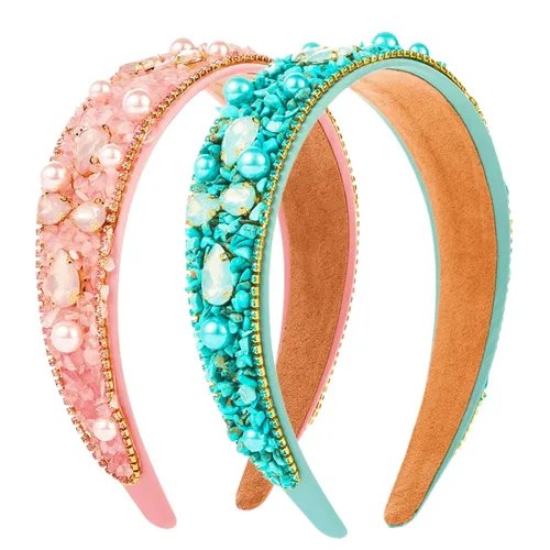 Diademas turquesa para mujeres y niñas, banda ancha antideslizante para la cabeza, bandas para la cabeza con nudo superior, diadema de perlas de Azul