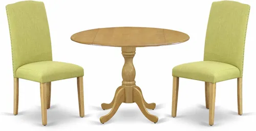Miniatura 21 de East West Furniture DMEN3-LWH-06 - Juego de comedor de 3 piezas para espacios pequeños que contiene una mesa de comedor redonda con gotas y 2 sillas