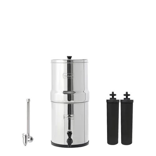 Sistema de Filtro de Agua Big Berkey Alimentado por Gravedad con 2 Elementos Berkey Negros Plus Grifo de Vista de Agua de Acero Inoxidable Deluxe de