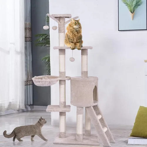Miniatura 3 de Tangkula Árbol para gatos de 56 pulgadas, torre para gatos de varios niveles con poste rascador de sisal y escalera, área de juegos grande