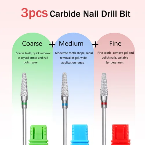 Miniatura 2 de Paquete de 3 brocas de uñas para uñas acrílicas, brocas cónicas de carburo de tungsteno de 3/32 pulgadas para uñas, eliminación rápida profesional