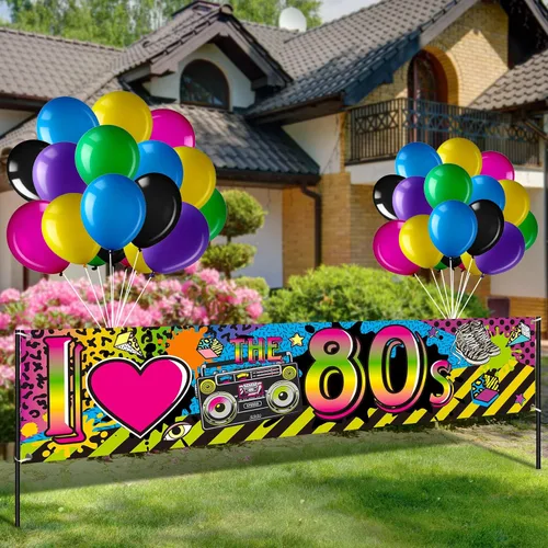 Tiamon Juego de 41 piezas de decoración de fiesta de los años 80 – Cartel de I Love 80s con 40 globos multicolores, fondo retro Boombox para fiesta