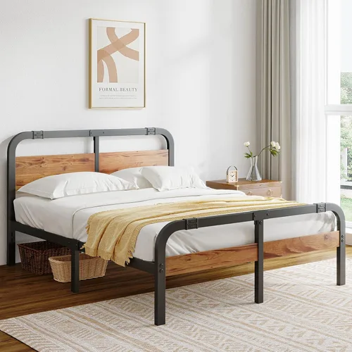 ZIYOO Marco de cama de metal de estilo industrial con cabecera y estribo de madera maciza, listones de acero de alta resistencia de 14 pulgadas que