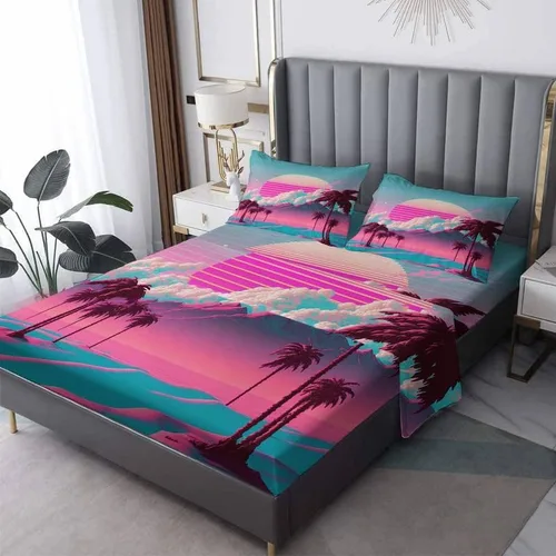 Miniatura 9 de Vaporwave Sheets - Juego de sábanas de tamaño individual, sábanas de cama de montaña neón y puesta de sol, microfibra suave con bolsillo profundo